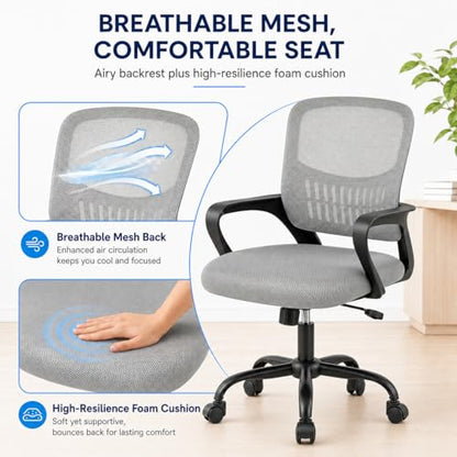 Ergonomic Office Chair, Home Office Desk Chair, Game Chair with Lumbar Support, Breathable Mesh Chairs, Swivel Desk Chairs for Computer, Home, Office, 360° Swivel (Grey) - color: Grey With Fixed Armrest