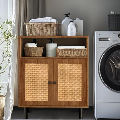 Rattan Storage Cabinet, Boho Accent Cabinet with Double Doors | Small Freestanding Sideboard for Hallway, Laundry Room,Kitchen, Dining Room, Entryway (Walnut) - color: Walnut
