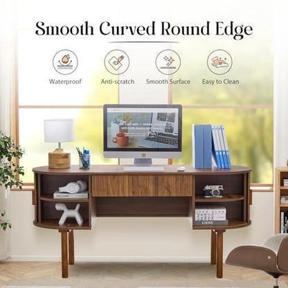 Executive Office Desk with Storage, 63 Inch Large Computer Workstation Desk with Drawer and File Cabinets, Mid Century Modern Fluted Wood Writing Desk for Home Office, Study Room, Living Room, Walnut - color: Walnut