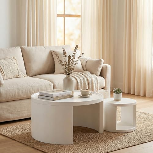 Round Nesting Coffee Table Set of 2, 31.5 and 18 in, White | White nesting coffee table, round tables for living room, space-saving center table - color: White