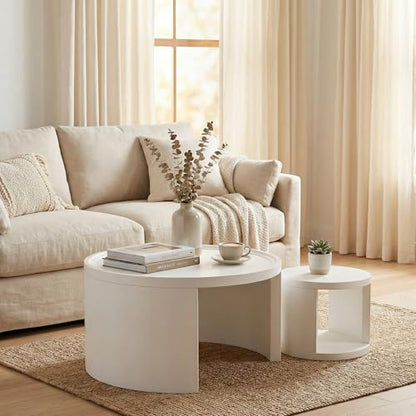 Round Nesting Coffee Table Set of 2, 31.5 and 18 in, White | White nesting coffee table, round tables for living room, space-saving center table - color: White