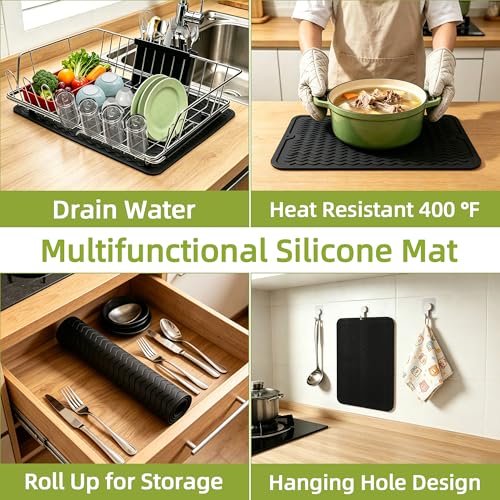 in Sink Expandable Dish Drying Rack with Silicone Mat-Extra Large Stainless Steel Dish Drainer Over The Sink with Utensil Holder, Applicable for Sink Width 16'-22' (Silver,23.2'*12.2') - color: Silver, size: In sink,Large
