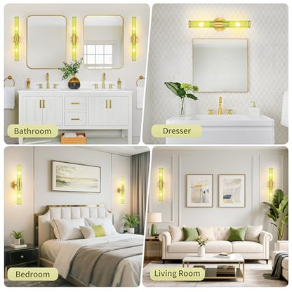 Morauroral Gold Battery Operated Wall Sconces Set of 2, Rechargeable Wall Lights with Remote Control, 20 Inch Modern Wireless Wall Lamp for Bedroom, Living Room with Green Shade (Bulbs Included) - color: Gold （Green Glass）