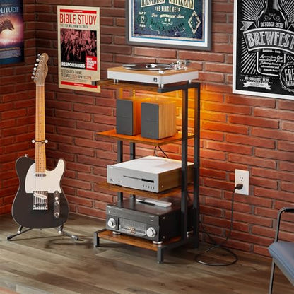 X-cosrack 16.5" Small 4-Tier AV Media Stand with Power Strips,Narrow Version Wooden Corner TV Stand Shelf with LED Lights,Stereo Cabinet Audio Rack Stand Tower for Small Media Players and Boxes - style: Outlet and Light