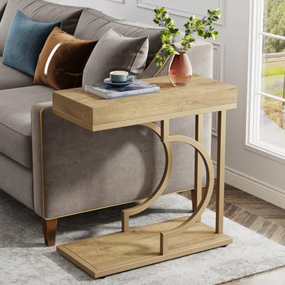 Tribesigns Narrow Side Table C Shaped End Table Modern Bedside Tables for Couch, Small Sofa Chairside Tables with Metal Frame for Living Room (2, Natural+Wood Tones) - color: Natural+wood Tones
