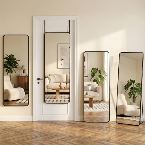 Suidia Full Length Mirror Over the Door&Wall Mounted, 58"x19" Door Mirror with Aluminum Alloy Frame, HD Shatterproof, No-Drill, Hanging Mirrors for Bedroom, Bathroom, Dorm, Closet, Rounded Rect, Black - color: Black, size: 58"L x 19"W, style: Rounded Rect