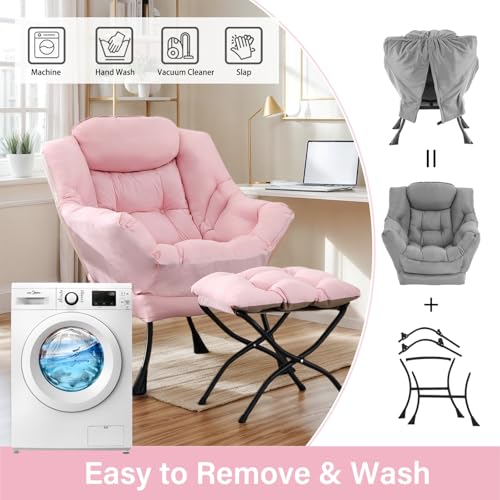 Lazy Chair with Ottoman, Soft Comfy Chair for Bedroom, Pink | Reading Accent Lounge Chair with folding Foot Stool for Living Room Dorm Apartment, sturdy metal frame - color: Pink