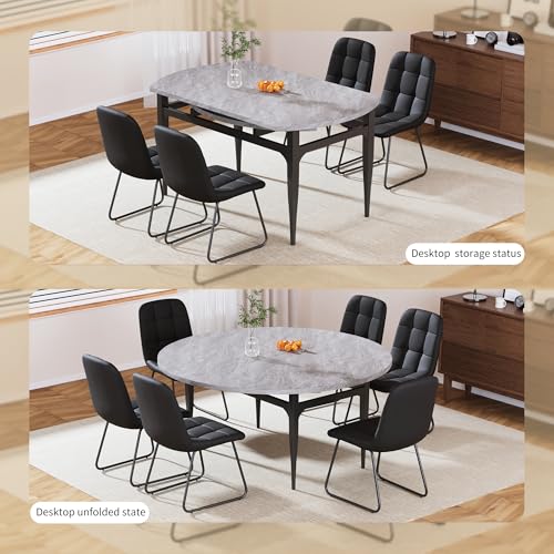 HIPIHOM 55‑Inch Extendable Dining Table Set with 6 Upholstered Chairs and Metal Frame for Dining Room - color: Grey/Black