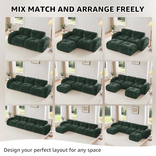 Green Loveseat Sectional Couches for Living Room, Velvet Fabric Boneless Couch, No Assembly Cloud Modular Sectional Sofa Love Seat with 2 Ottoman, Foam Couch Compressed Sofa Set, Sofas para Sala - color: Green, size: 2 Seater + 2 Ottoman