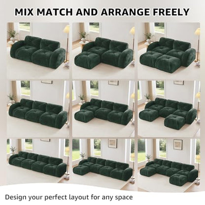 Green Loveseat Sectional Couches for Living Room, Velvet Fabric Boneless Couch, No Assembly Cloud Modular Sectional Sofa Love Seat with 2 Ottoman, Foam Couch Compressed Sofa Set, Sofas para Sala - color: Green, size: 2 Seater + 2 Ottoman