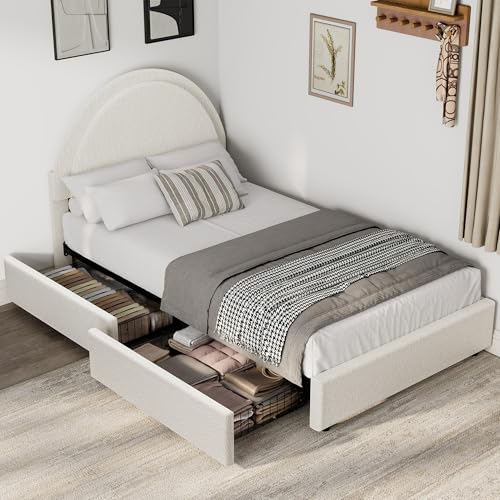 Garvee Twin Size Bed Frame with 2 Storage Drawers, Upholstered Boucle Platform Bed with Round Headboard, Heavy Duty & Noise Free, No Box Spring Needed, Beige | Round Headboard, Heavy Duty & Noise Free, No Box Spring Needed - color: Beige, size: Twin