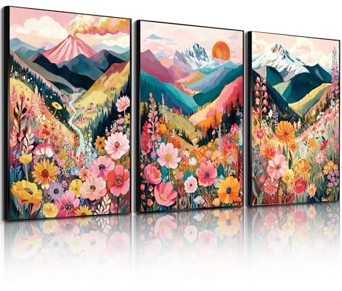 Frimeeme Colorful Floral Mountain Wall Art Set of 3, Boho Nature Landscape Print, Unframed, for Living Room Bedroom Bathroom Office Home Decoration 12x16in - color: Unframed - Colorful Floral Mountain Wall Art, size: 12"L x 16"W x 3Pieces