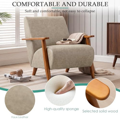 Home Accent Chair Mid Century Modern Accent Chair with Wood Frame, Faux Leather Upholstered Armchair, Reading Chair, for Living Room, Bedroom,Office,Comfy Guest Waiting Room Chairs Beige - color: Beige, size: Faux Leather