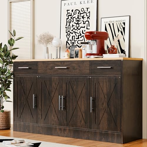 Kitchen Buffet Sideboard Cabinet, Farmhouse Storage Cabinet with 4 Doors and 3 Drawers, Wooden Base Cabinet with Adjustable Shelf for Living Room, Brown - color: Brown, size: 53.4 inch
