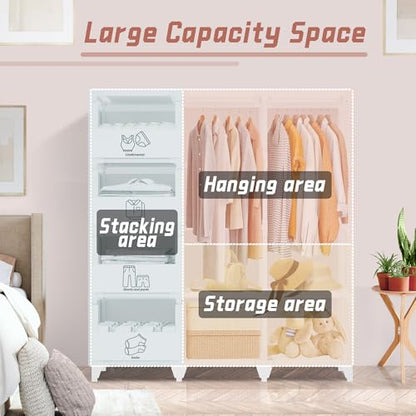 Portable Closet, Easy Assembly, Large Capacity Wardrobe Closet | Sturdy and Stable Clothes Rack with Shelves 4 Storage Baskets and 2 Hanging Rods, for Bedroom and Cloakroom 50 In White - color: White