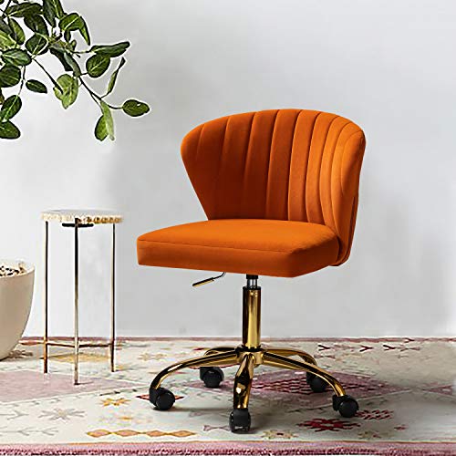 TINA'S HOME Office Desk Chairs with Wheels & Gold Base, Modern Velvet Cute Armless Office Chair, Adjustable Low Back Swivel Rolling Chair, Upholstered Task Chair for Living Room Vanity Study-Orange | Modern Velvet Cute Armless Office Chair, Adjustable Low