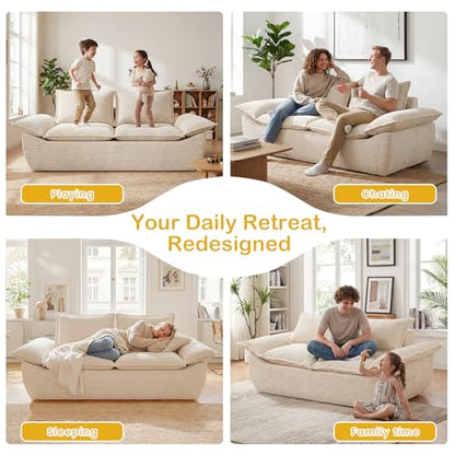 69" Boneless Couch, 3-Seater Oversized Boneless Loveseat Sofa with Removable Cushions & 3 Pillows, Deep Seat Compress Foam Sofa for Living Room, Apartments, & Office - color: Beige, size: 3 Seater (69")