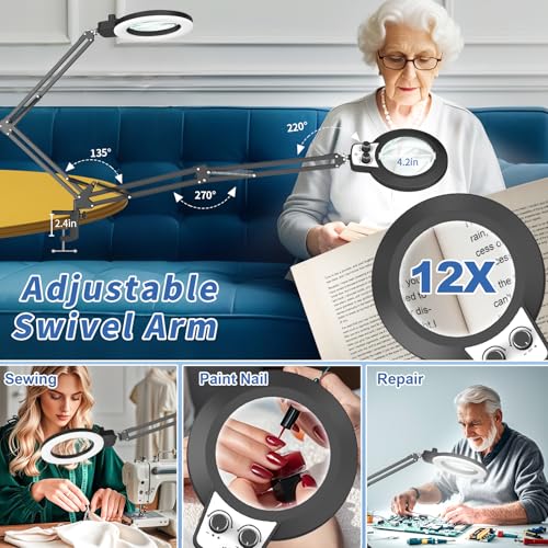 HITTI 12X Magnifying Glass with Light, 2026 Infinite Color and Stepless Dimming Desk Large Lamp & Clamp,2-in-1 LED Hands Free Lighted Magnifier for Craft Hobby Soldering(12X Square Base & Clamp) - size: 12X Square Base & Clamp