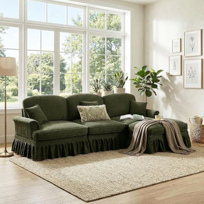 Modular Sectional Sofa Couch, Comfy Chenille Sofa with Removable Ruffled Skirt, Flared Armrests, Sturdy Legs, Convertible Sectional for Living Room, Bedroom, Apartment (Green) - color: Green, size: 107.1 Inch L