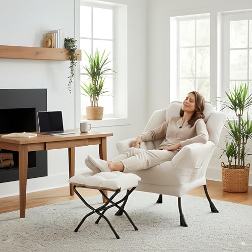 Lazy Chair with Ottoman, Comfy Accent Reading Chair, Beige | Foldable Footrest,Removable Cover,with Armrests and Side Pockets,Upholstered Lounge Chair for Bedroom,Dorm,Office,Small Space - color: Beige
