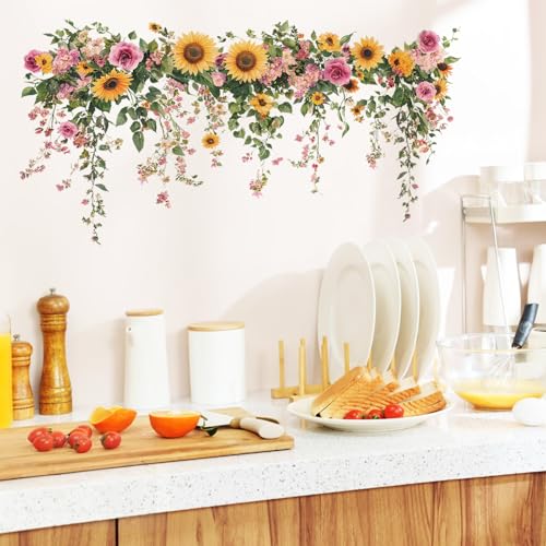 Green Sunflower Wall Decals, Removable PVC Stickers Indoor Decor | Vivid Sunflower Print, Self-adhesive Easy Install, No Wall Scratches, Fits Walls Doors Cabinets Windows Home Decor - style: Sunflower