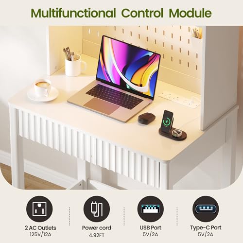 Lvifur Small Writing Desk with Power Outlet - LED Study Desk with Drawer & Hutch, Home Office Desk with Shelf & Pegboard, Space Saving Study Table Work Station for Dorm, Living Room (White) - color: White86023