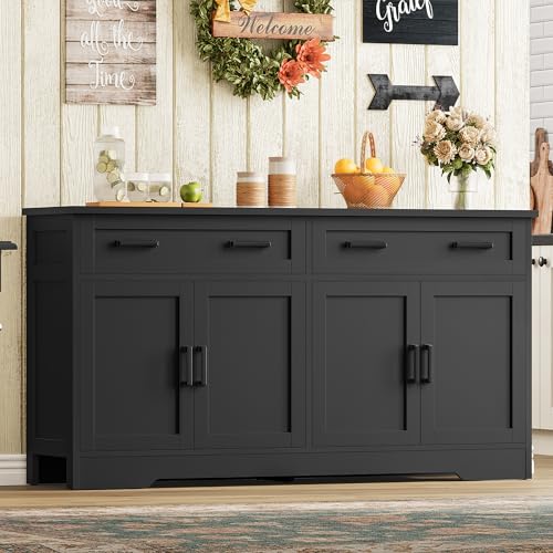 usikey 55" Buffet Cabinet with Storage and Drawers, Large Sideboard Buffet Cabinet with Adjustable Shelves and Doors, Modern Coffee Bar for Kitchen, Living Room, Black - color: Black, size: 55"W