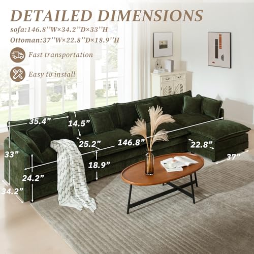 137" Chenille L Shaped Modular Sofa with Ottoman,Green | Randomly Assemble Modular Sofa Sets, Modern Recliner Deep Seat Sofa Set for Living Room,Office - color: Green, size: 4S+1O