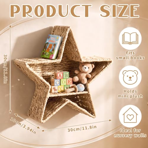 Star Nursery Wall Shelf Decor Boho Rattan Wicker Floating Shelves Handwoven Natural Rattan Hanging Organizer Storage Basket for Small Books Toys Nursery Bathroom Living Room Bedroom Corner - style: Star