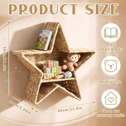 Star Nursery Wall Shelf Decor Boho Rattan Wicker Floating Shelves Handwoven Natural Rattan Hanging Organizer Storage Basket for Small Books Toys Nursery Bathroom Living Room Bedroom Corner - style: Star