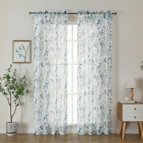 Crushed Sheer Curtains, 96 Inches Long, 2 Panels Set, Floral Printed Drapes for Living Room, Rod Pocket, Light Filtering Farmhouse Window Sheers Blue, (2 Panels, 42" x 96") - color: Blue/Multi, size: 42"W x 96"L (Pack of 2)
