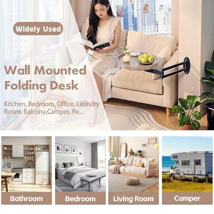 Wall Mounted Folding Table Small Folding Desk Round Foldable Wall Table with Retractable Shelf Wood Fold Down Table Folding Coffee Table Folding Wall Desk for Bedroom Living Room Study(Log Color)