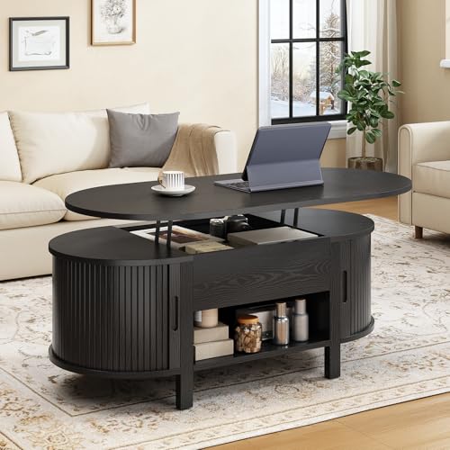 43.3" Oval Lift Top Fluted Coffee Table with Sliding Door, Black | Mid-Century Modern Fluted Coffee Table with Lift Tabletop & Multi-Storage Spaces, Dining Table for Living Room, Home Office - color: Black