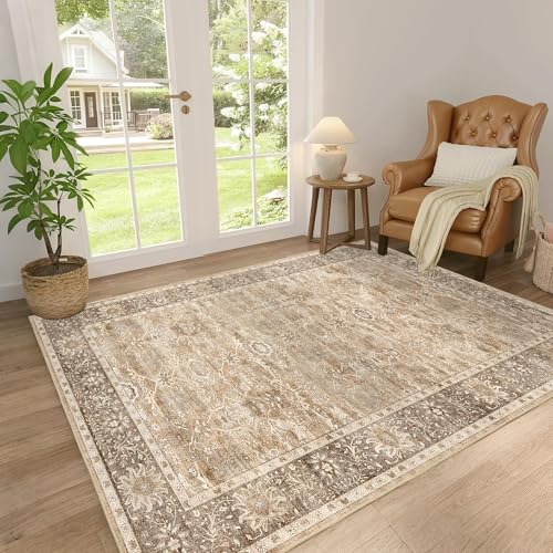 3x5 Washable Area Rug for Living Room Bedroom Entryway Beige | Non-Slip Low Pile Boho Vintage Distressed Entryway Rug Traditional Floral Retro Accent Throw Carpet for Bathroom Kitchen - color: Beige, size: 3'*5'(Rectangular)