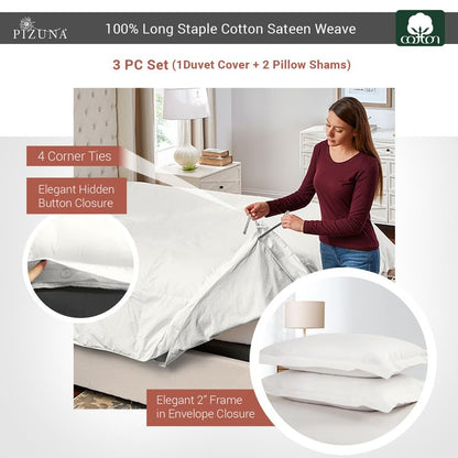 Pizuna 100% Cotton Queen Duvet Cover Set 400 Thread Count Off White | Long Staple Combed Cotton Sateen Weave 3 Piece Luxurious Cool Queen Comforter Cover with Hidden Button Closure - color: 02 Off White, size: Queen