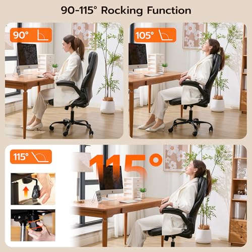 Ylzyxal Office Desk Chair, Ergonomic Computer Chair with Padded Flip-Up Arms and Adjustable Lumbar Support, PU Leather Executive Chair with Tilt Lock and 360° Swivel Rolling Wheels for Work, Study - color: Black