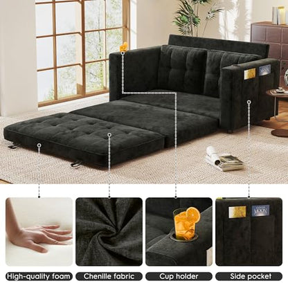 55" Convertible Folding Sofa Bed, Pull Out Couch Love Seat Sleeper Bed, Small Fold Out Loveseat Sleeper with Cup Holder and Pillow for Small Space, Bedroom Lounge, Dorm, Living Room(Black Chenille) - color: Black