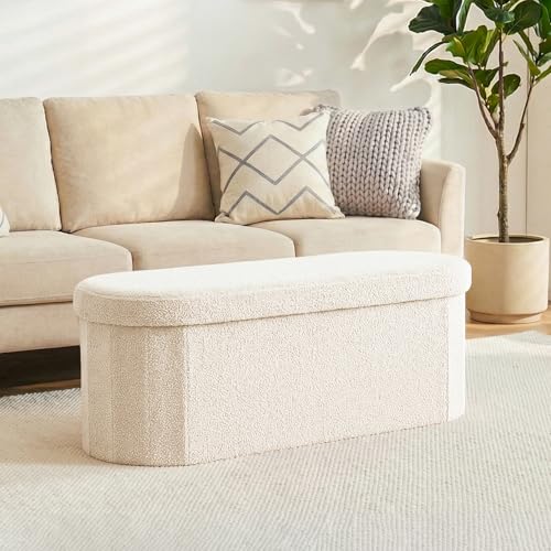 43 Inches Oval Ottoman with Storage, Boucle Sherpa Storage Ottoman Bench, Folding Foot Rest Chest for Bedroom Living Room - color: White, size: 43"D x 15"W x 15"H