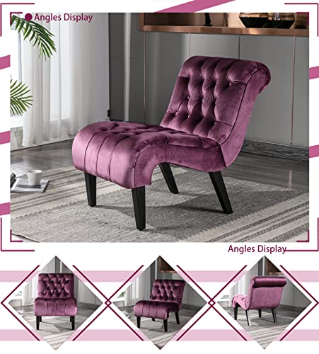 Comfy Velvet Accent Chair, Tufted Armless Side Chair with Rolled Edge | Modern Small Lounger for Living Room, Upholstered Reading Chaise Lounge with Solid Rubber Wood Legs, Purple - color: Purple, size: Set of 1