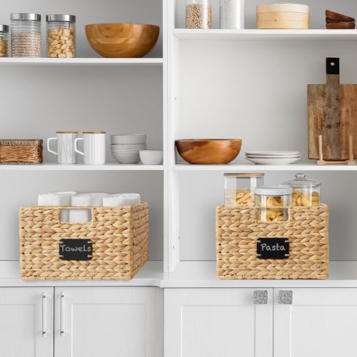 Casafield Set of 2 Water Hyacinth Pantry Baskets, 12-1/2" x 17" x 8", with Chalkboard Labels and Chalk Marker - Natural, Woven Storage Bin Organizers for Kitchen Shelves - color: Natural - Hyacinth, size: 12.5" x 17" x 8"