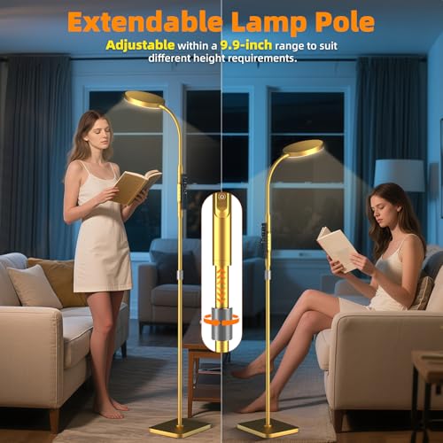 PACOVY 플로어 램프, 거실 침실용 높이 조절 가능한 플로어 램프, 120 LED 매우 밝은 스탠딩 램프 리모컨 및 터치 컨트롤 조도 조절 가능한 구즈넥 톨 스탠드 독서 램프, 사무실 공예용, 골드 - color: 골드.