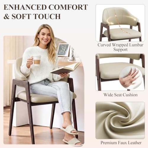 MALOL Wooden Dining Chairs Set of 2, Faux Leather, Curved Open Back, Khaki - color: Khaki, size: Set of 2