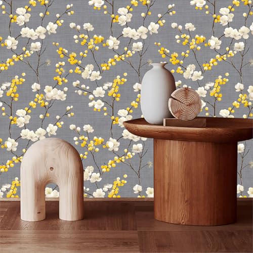 Elegant Chinoiserie White Plum Blossom Golden Bud Motif Peel and Stick Wallpaper Easy Peel Off Contact Paper Stick on Adhesive Wall Paper for Bathroom Waterproof Renter 17.71"x118.1" - color: LD-136a, size: 17.7" x 118"