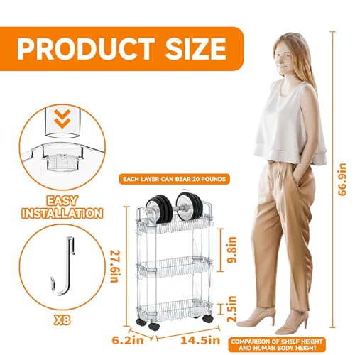 3 Tier Slim Rolling Storage Cart with Wheels for Small Space,Clear Modern Design Slim Utility Cart Suitable as Bathroom Cart Organizer Shelf,Skinny Bathroom Storage Rack,Narrow Laundry Cart on Wheels