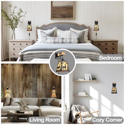 Plug in Wall Light,Deer Matte Metal Rustic Wall Sconces,1 Pack Farmhouse Yellow Parchment Paper Shades Plug in Sconce with Wood Arm,E26 Base Light for Bedside,Living Room,Bedroom,Hallway - color: Deer-Yellow