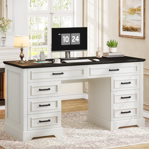 Vabches Farmhouse Executive Desk with Charging Station, White and Brown | 55'' Large Wooden Computer Desk with 7 Drawers, Workstation Computer Desk with File Cabinet for Home Office and Study - color: Rustic White and Rustic Black