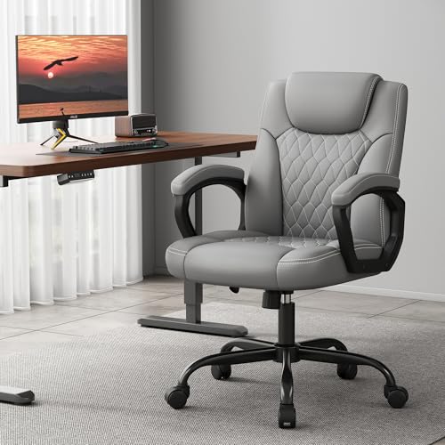 Misolant Office Chair, Executive Desk Chair, PU Leather Comfortable Ergonomic Chairs with Fixed Armrest, Adjustable Height, Rocking Function, 360° Swivel Wheels, Gray - color: Grey