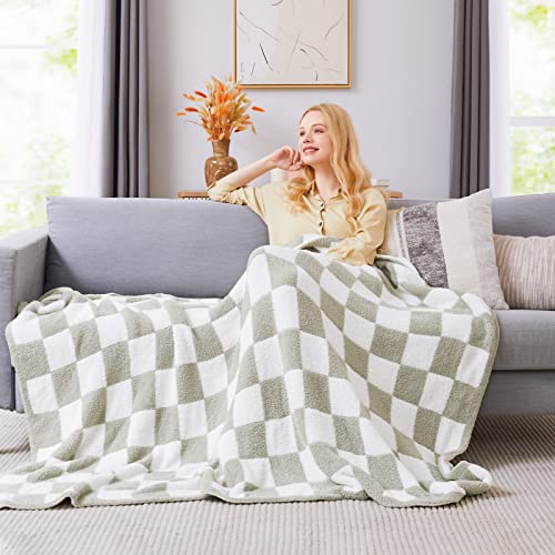 Soft Twin Size Checkered Blanket for Bed-Cozy Knitted Blankets | Lightweight Fluffy Warm Decor for Women, Mom, Her & Girls, Sofa, Chair, Couch, 60x80in, Sage Green - color: Aloe Sage, size: Twin(60"x80")