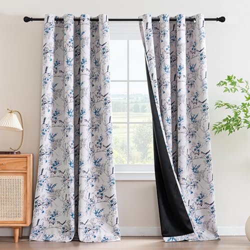 H.VERSAILTEX 100% 암막 꽃무늬 커튼 243.8cm(96인치) 길이 2패널 빈티지 커튼 빛 차단 단열 그로밋 커튼 드레이프 침실 거실용 새 패턴, 블루/블랙 - color: 블루/블랙., size: 52"W x 96"L (Pack of 2)