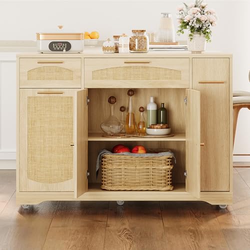 Garvee Rolling Kitchen Island Table on Wheels with Drop Leaf, Tilt Out Trash Can Cabinet, Storage Cabinet, Drawer, Spice Rack, Kitchen Cart, 53.1" Wide, Natural - color: Natural